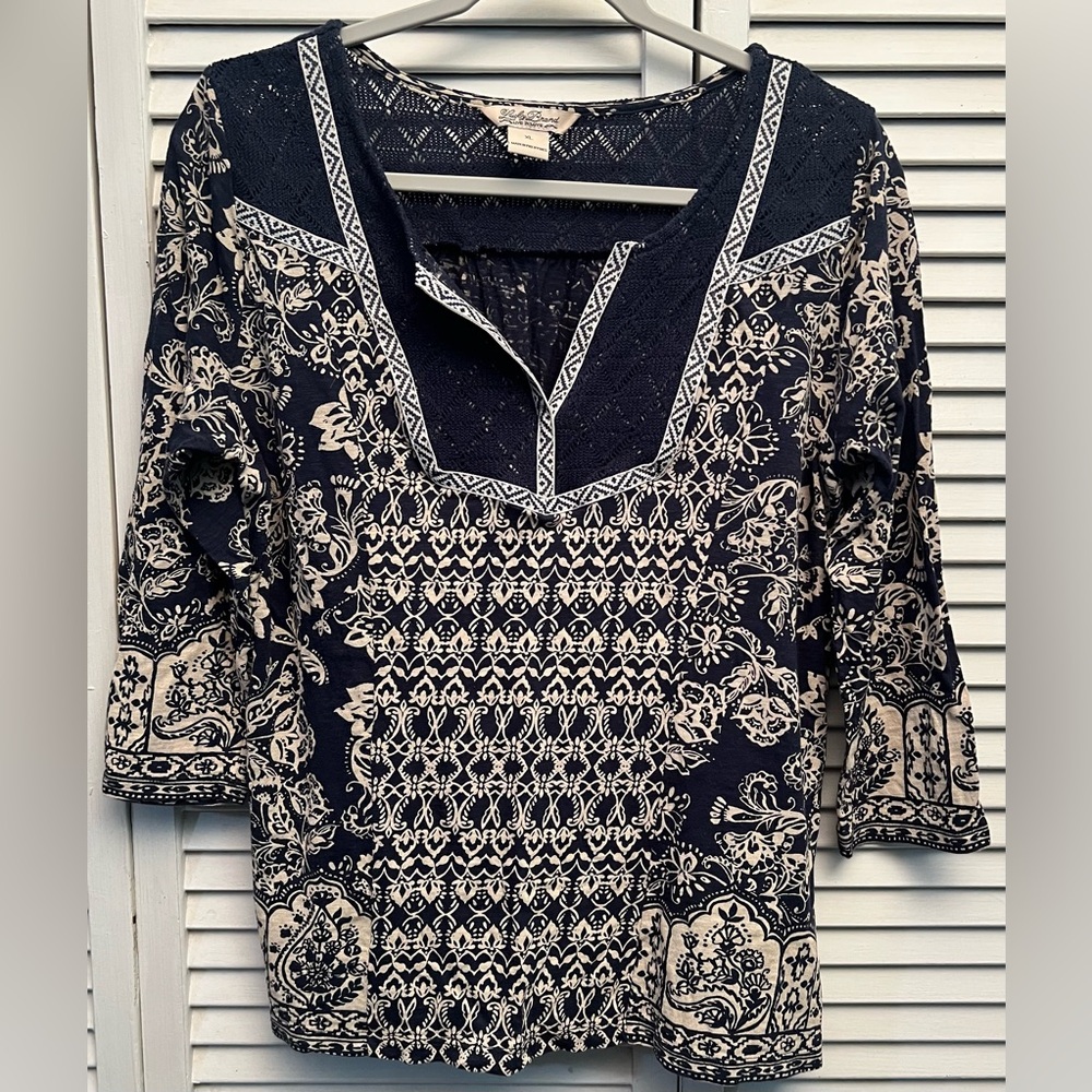 Lucky Brand Blue and Cream 3/4 Sleeve Embellished Blouse
